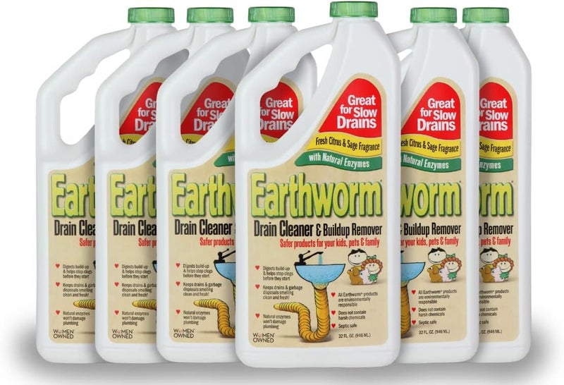 Earthworm Drain Cleaner & Buildup Remover - Natural Enzyme Formula - Six 32 oz Bottles - Image 1
